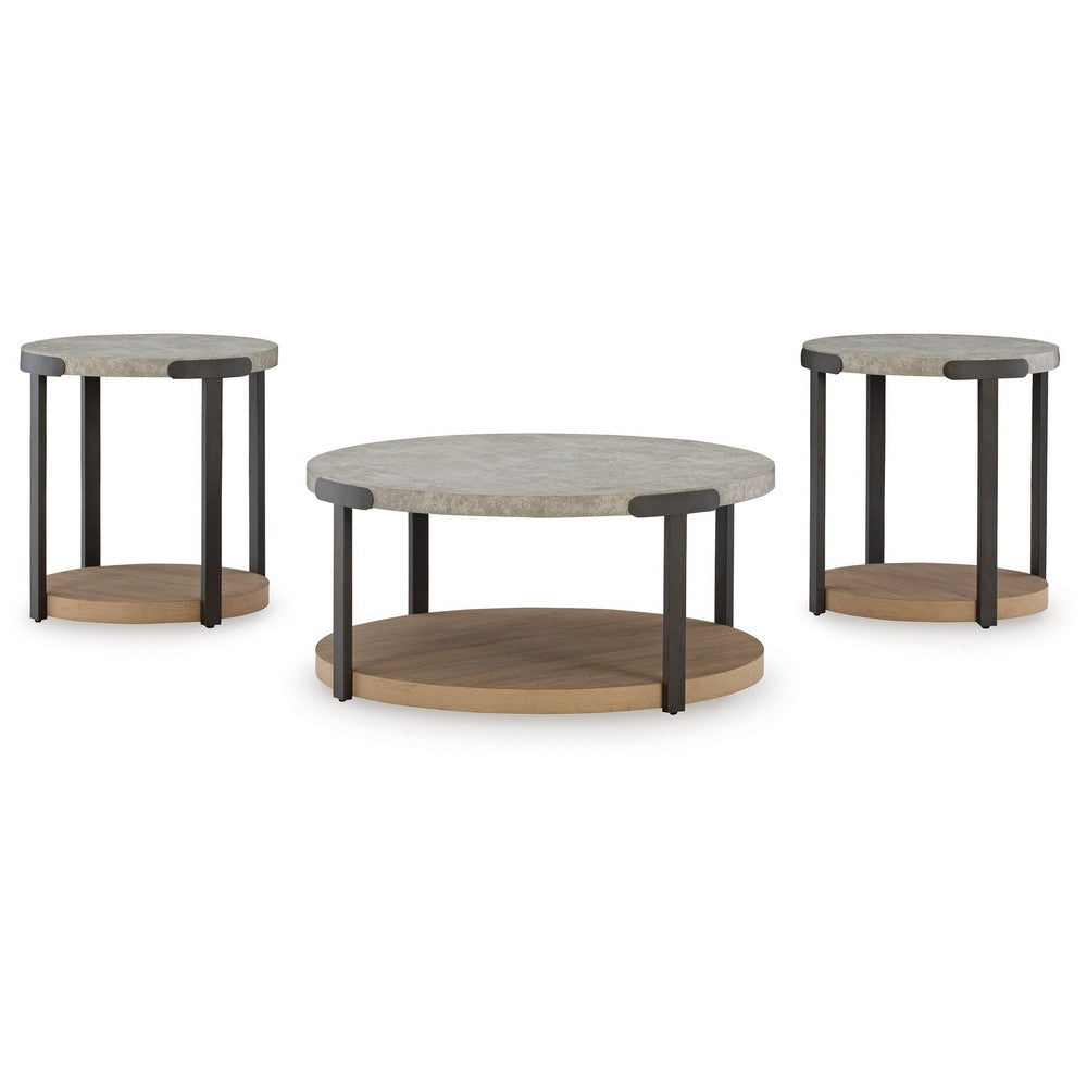 Hein 3pc Coffee n End Table Set, Gray Round Top w Shelf and Wheels