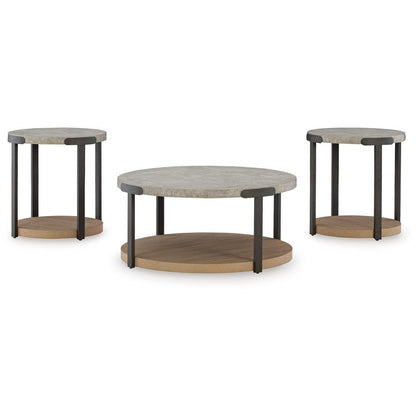 Hein 3pc Coffee n End Table Set, Gray Round Top w Shelf and Wheels