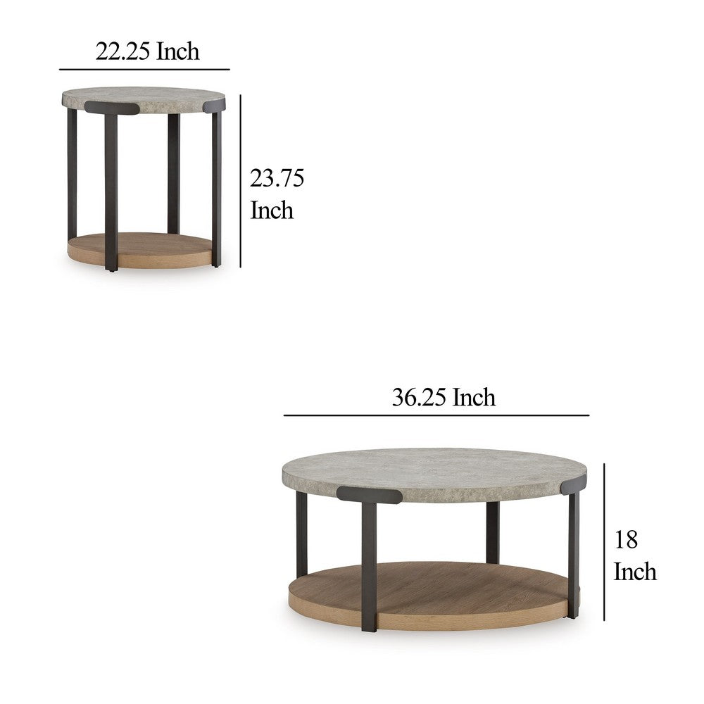 Hein 3pc Coffee n End Table Set, Gray Round Top w Shelf and Wheels