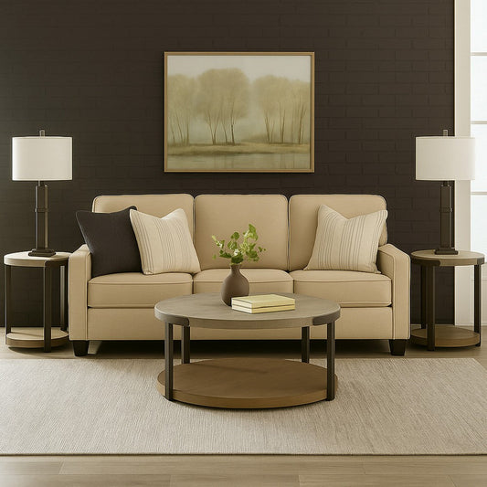 Hein 3pc Coffee n End Table Set, Gray Round Top w Shelf and Wheels