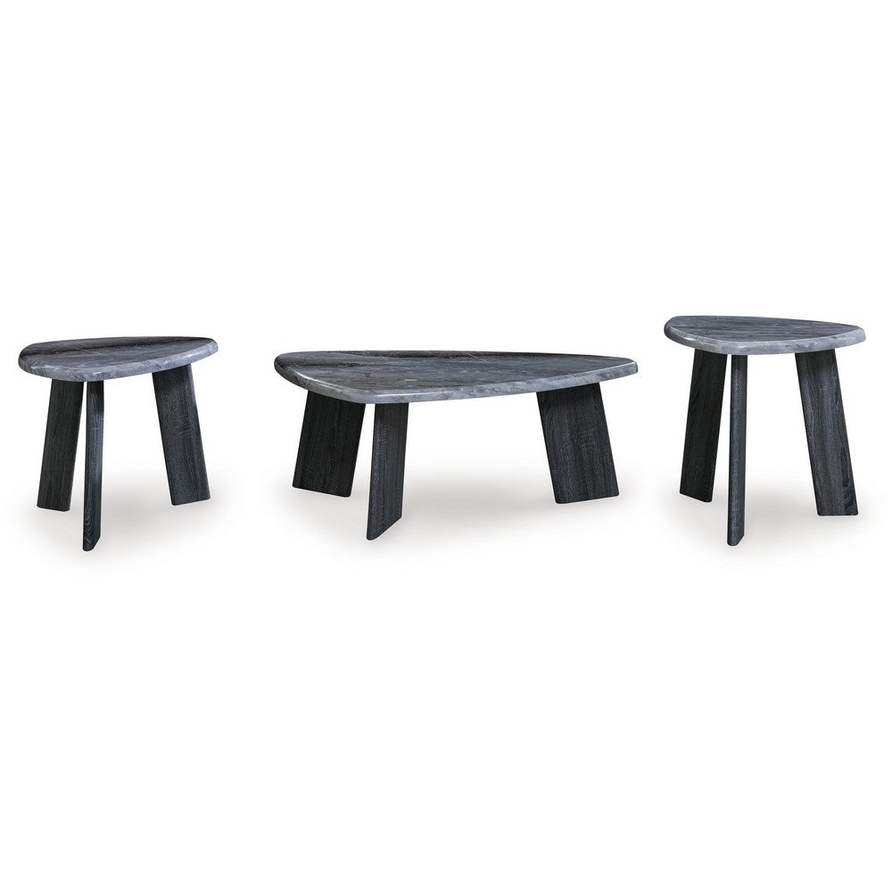 Bey 3pc Coffee n Table Set, Gray Faux Marble Top, Geometric Panel Base