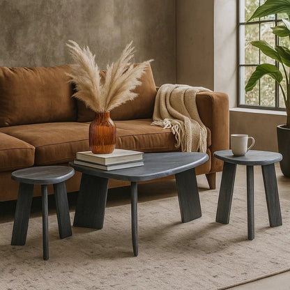Bey 3pc Coffee n Table Set, Gray Faux Marble Top, Geometric Panel Base