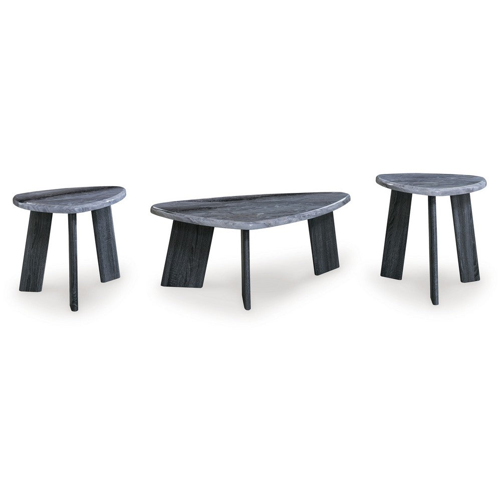 Bey 3pc Coffee n Table Set, Gray Faux Marble Top, Geometric Panel Base