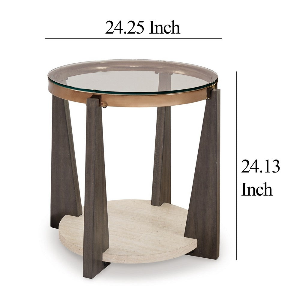 Miu Side End Table, 24 Inch Round Glass Top w Shelf, Brown Angled Base