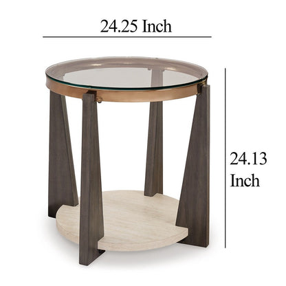 Miu Side End Table, 24 Inch Round Glass Top w Shelf, Brown Angled Base