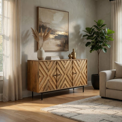 Sideboard Cabinet Console, Diamond Pattern 3 Doors, Brown 58 Inch