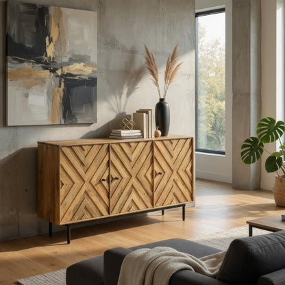 Sideboard Cabinet Console, Diamond Pattern 3 Doors, Brown 58 Inch