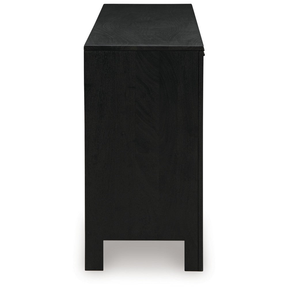 Sideboard Cabinet Console, 4 Doors Woven Cane, 70 Inch Black and Brown