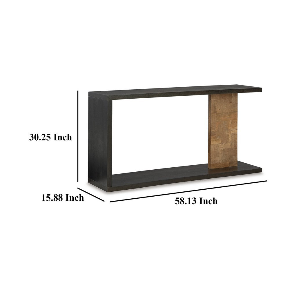 Console Sofa Table, Solid Wood C Shape w Shelf, Black Brown 58 Inch