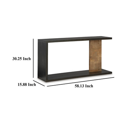 Console Sofa Table, Solid Wood C Shape w Shelf, Black Brown 58 Inch