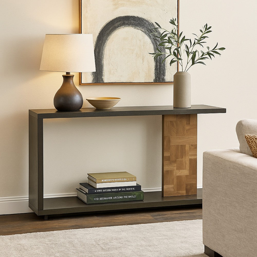 Console Sofa Table, Solid Wood C Shape w Shelf, Black Brown 58 Inch