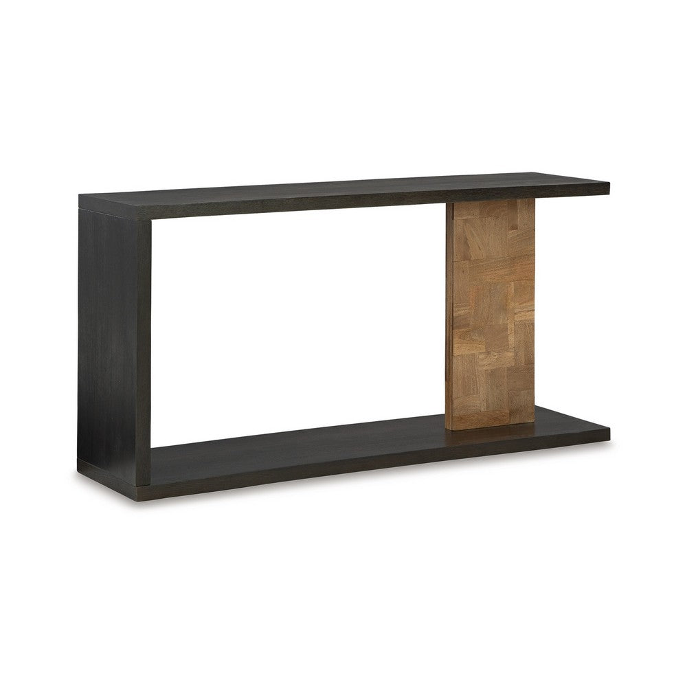 Console Sofa Table, Solid Wood C Shape w Shelf, Black Brown 58 Inch