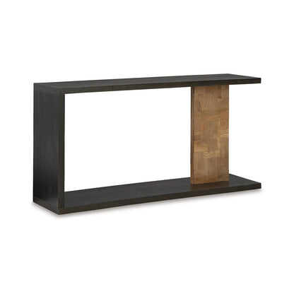 Console Sofa Table, Solid Wood C Shape w Shelf, Black Brown 58 Inch
