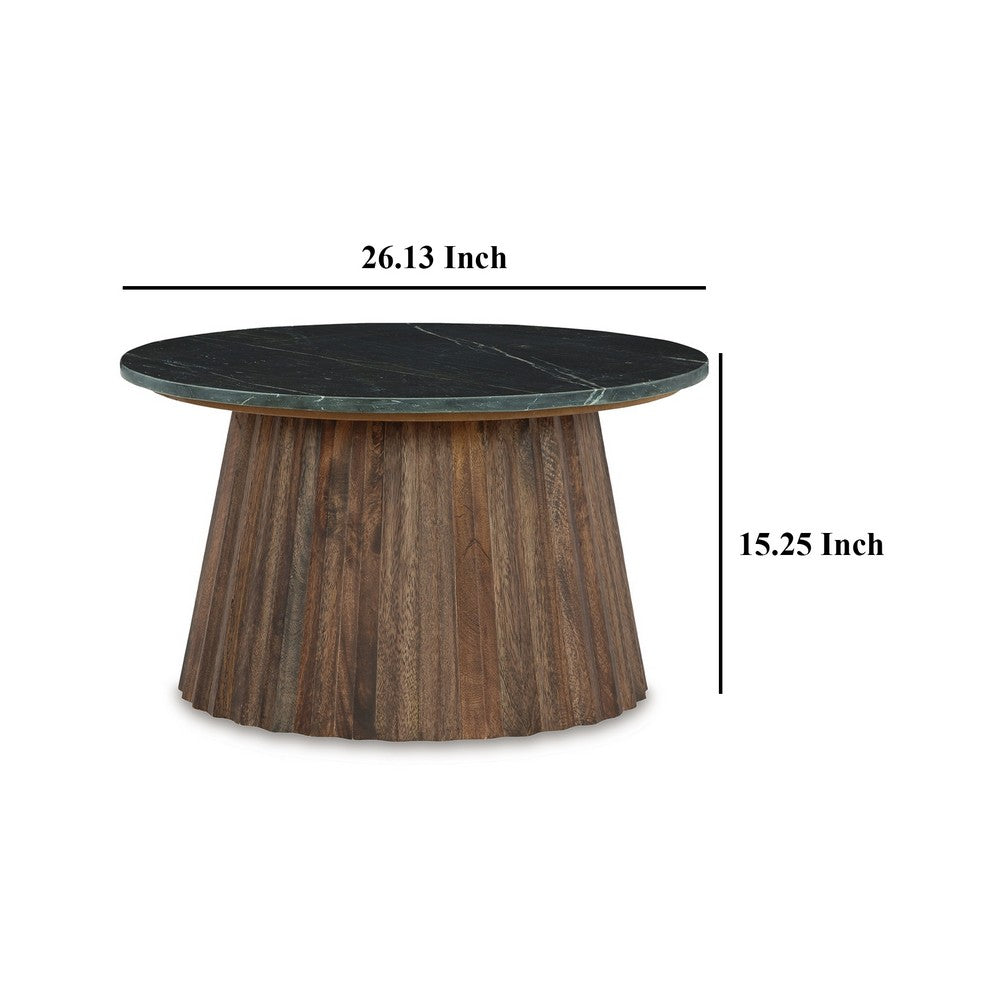 Ceil Cocktail Coffee Table, 26 Inch Fluted Flared Base, Black Marble
