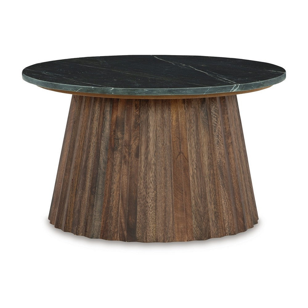 Ceil Cocktail Coffee Table, 26 Inch Fluted Flared Base, Black Marble