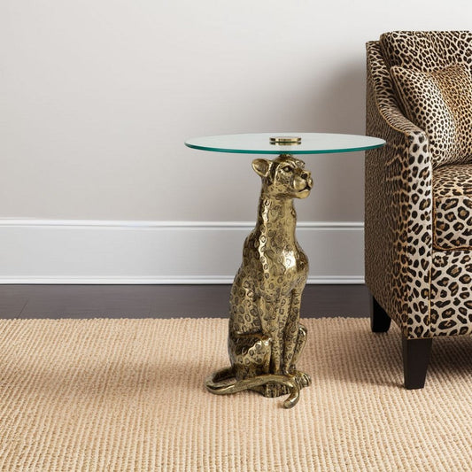 Accent Table, Gold Cast Metal Leopard Design, 18 Inch Glass Round Top