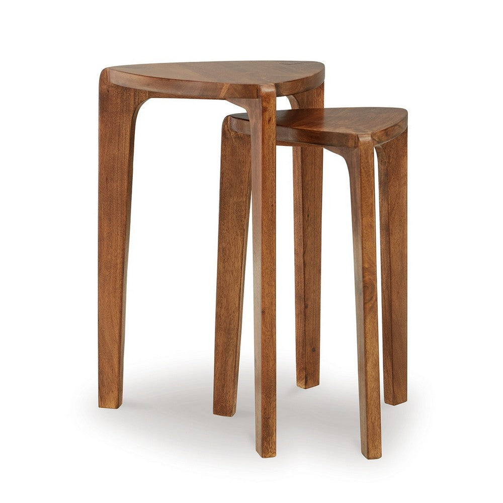 Nesting Accent Table Set of 2, Brown Solid Mango Wood Triangular Shape
