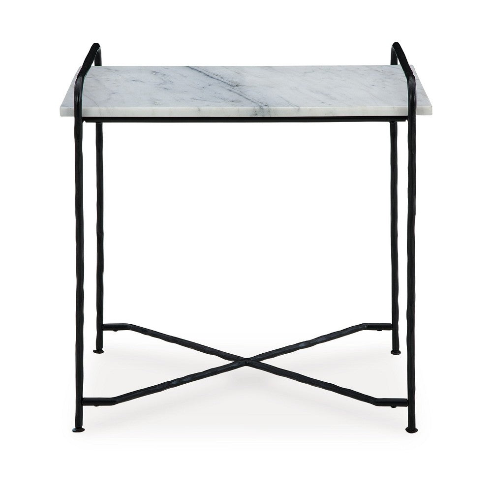Accent Table, 22 Inch White Marble Top, Industrial Black Metal Legs