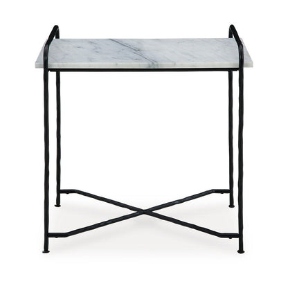 Accent Table, 22 Inch White Marble Top, Industrial Black Metal Legs