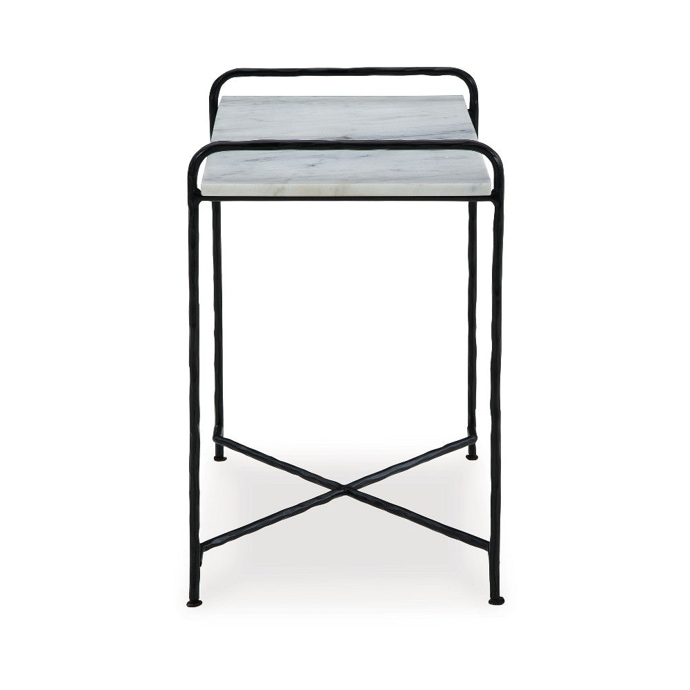 Accent Table, 22 Inch White Marble Top, Industrial Black Metal Legs