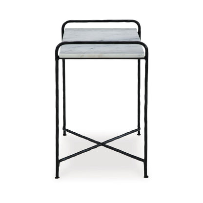 Accent Table, 22 Inch White Marble Top, Industrial Black Metal Legs
