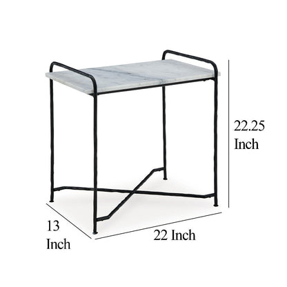 Accent Table, 22 Inch White Marble Top, Industrial Black Metal Legs