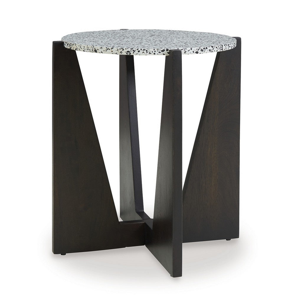 Accent Table, Round Terrazzo Tabletop, 25 Inch, Dark Brown Mango Wood