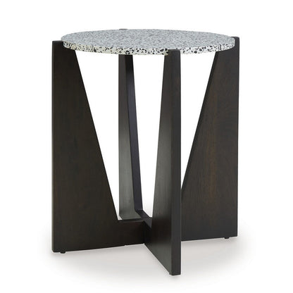 Accent Table, Round Terrazzo Tabletop, 25 Inch, Dark Brown Mango Wood