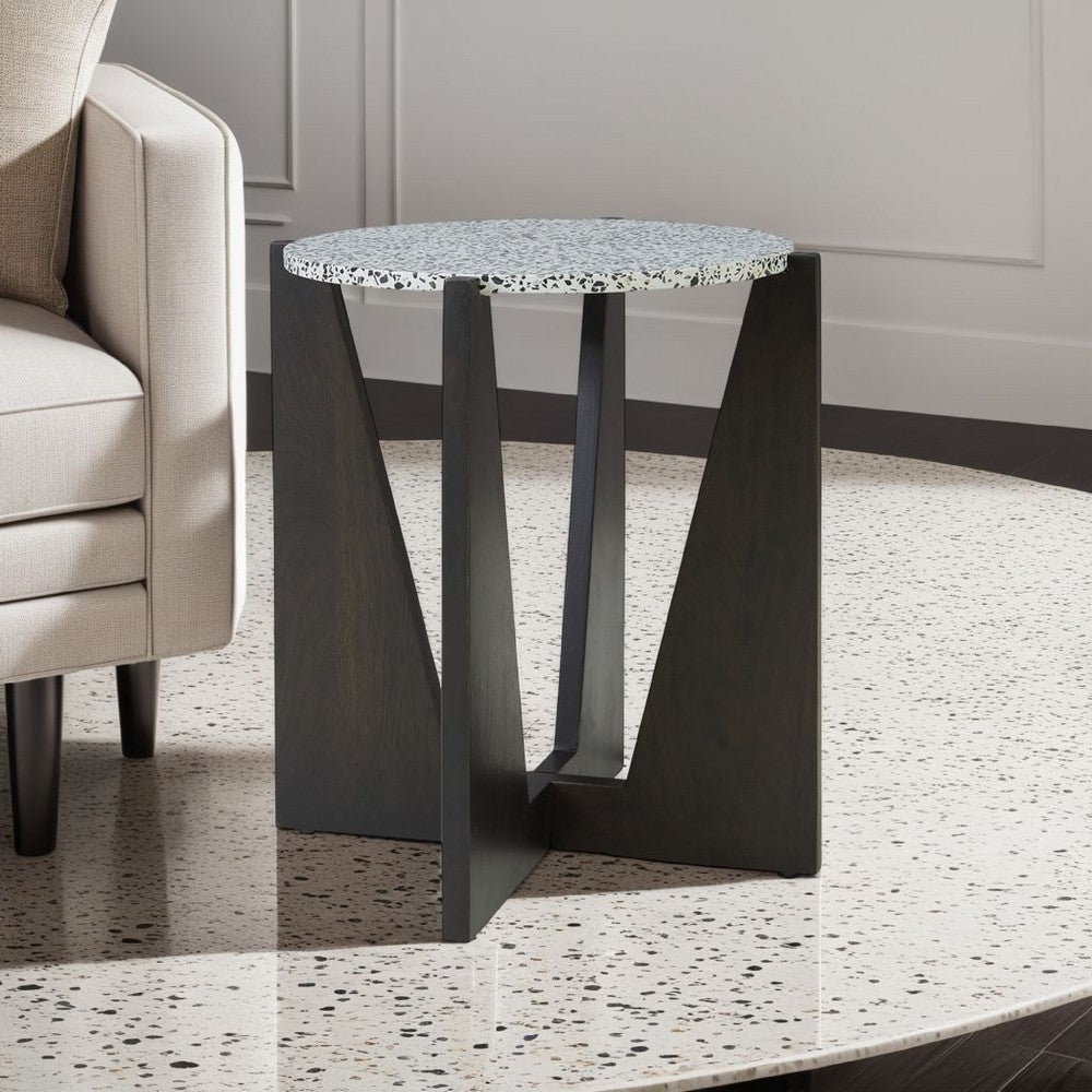 Accent Table, Round Terrazzo Tabletop, 25 Inch, Dark Brown Mango Wood