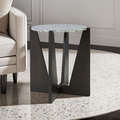 Accent Table, Round Terrazzo Tabletop, 25 Inch, Dark Brown Mango Wood