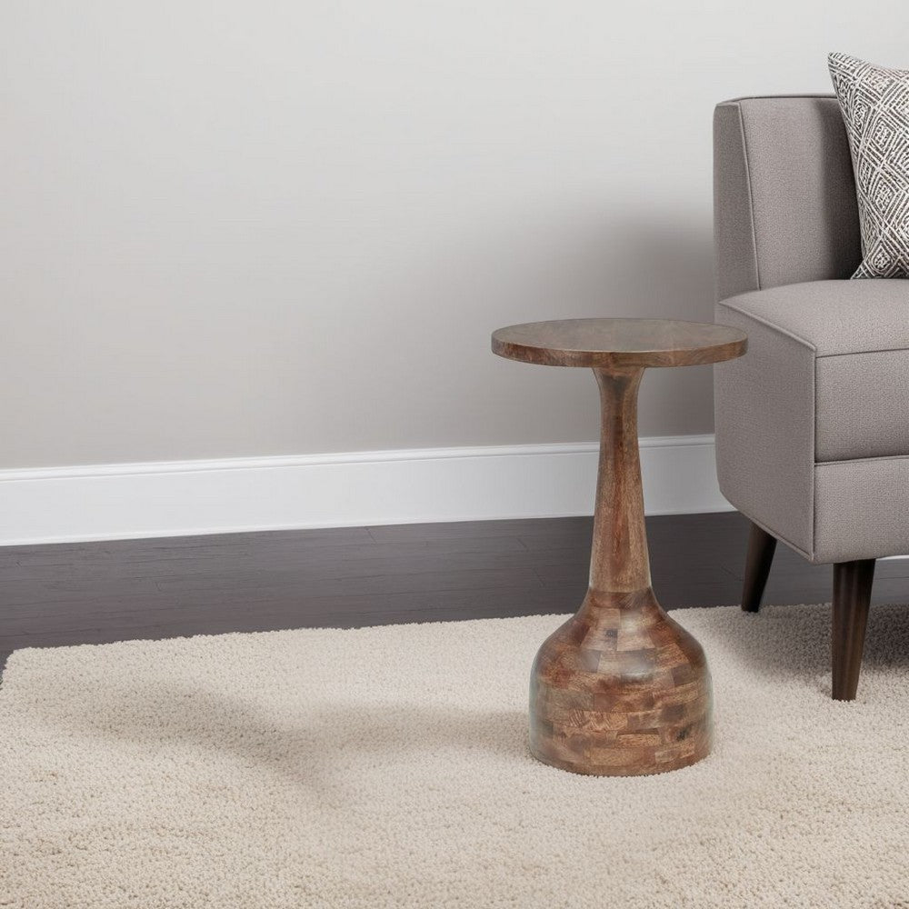 Accent Table, Solid Wood Turned Design, 14 Inch, Medium Brown Finish