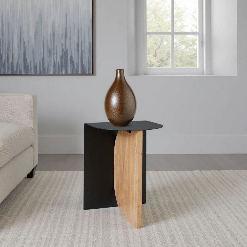 Modern Table, Metal Frame w Solid Wood Base, 16 Inch, Black and Brown