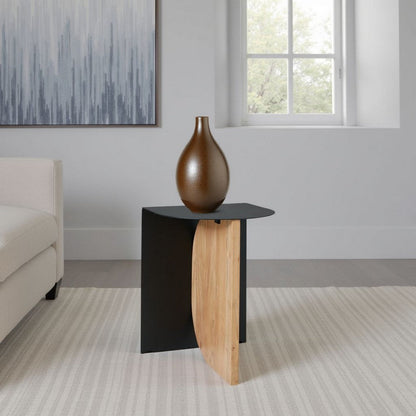 Modern Table, Metal Frame w Solid Wood Base, 16 Inch, Black and Brown