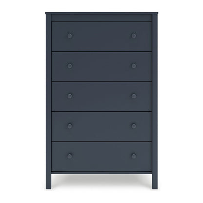 Cian Tall Dresser Chest, 5 Drawers, Knobs, Navy Blue Wood, 50 Inch