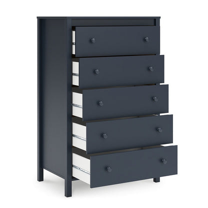 Cian Tall Dresser Chest, 5 Drawers, Knobs, Navy Blue Wood, 50 Inch
