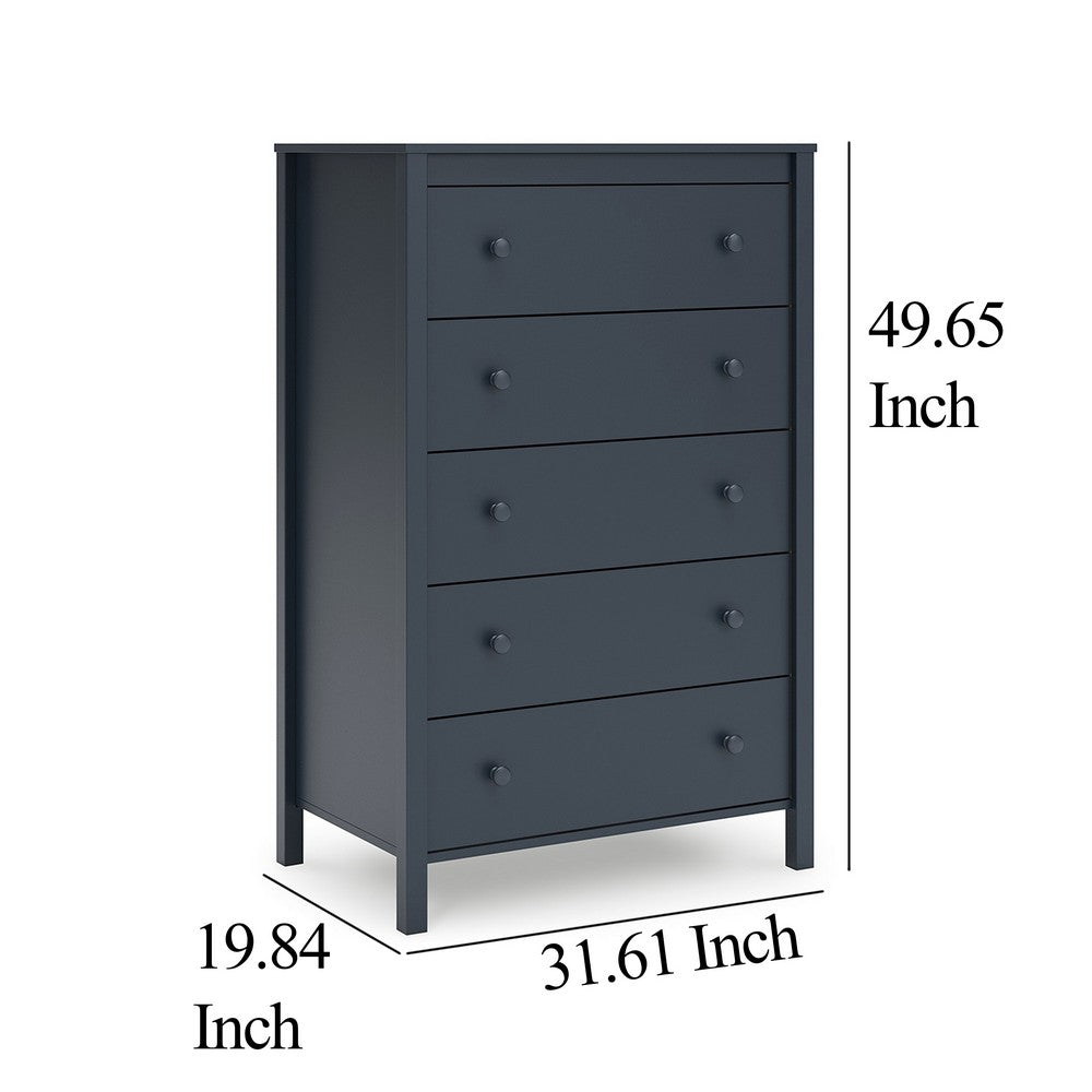 Cian Tall Dresser Chest, 5 Drawers, Knobs, Navy Blue Wood, 50 Inch