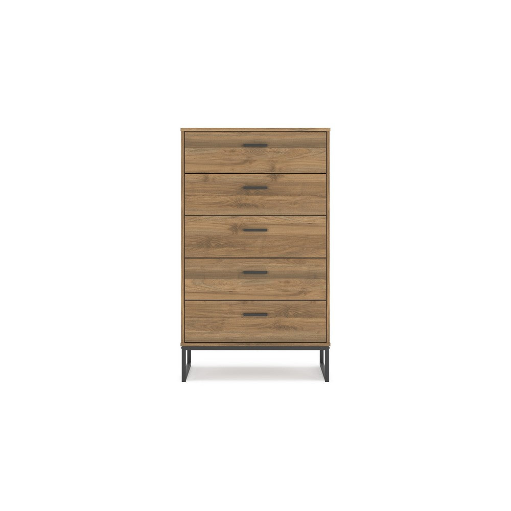 Deana Tall Dresser Chest, 5 Drawers, Brown Wood, Black Metal, 51 Inch