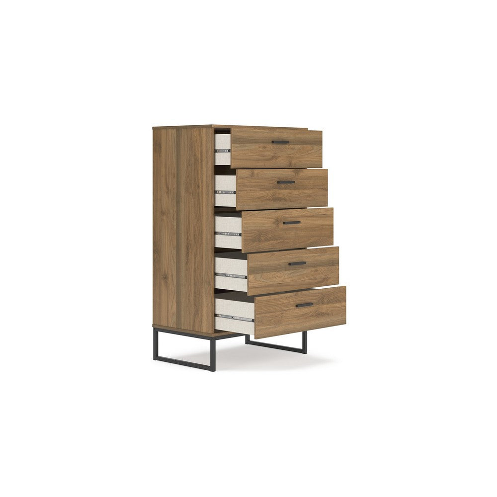 Deana Tall Dresser Chest, 5 Drawers, Brown Wood, Black Metal, 51 Inch