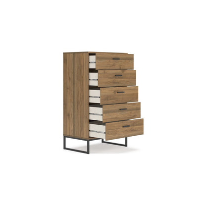 Deana Tall Dresser Chest, 5 Drawers, Brown Wood, Black Metal, 51 Inch