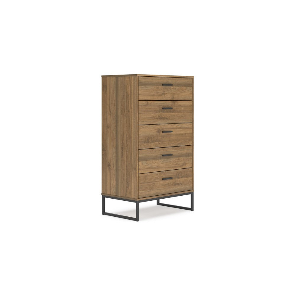 Deana Tall Dresser Chest, 5 Drawers, Brown Wood, Black Metal, 51 Inch