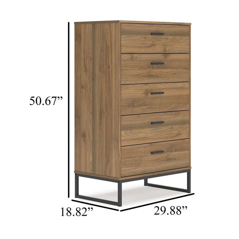 Deana Tall Dresser Chest, 5 Drawers, Brown Wood, Black Metal, 51 Inch
