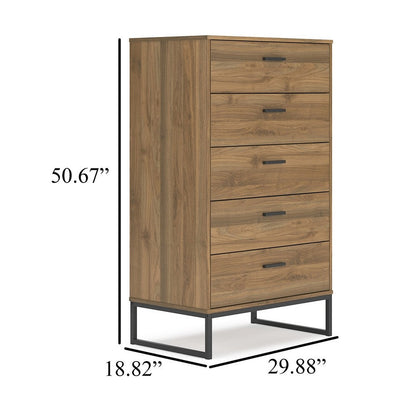 Deana Tall Dresser Chest, 5 Drawers, Brown Wood, Black Metal, 51 Inch