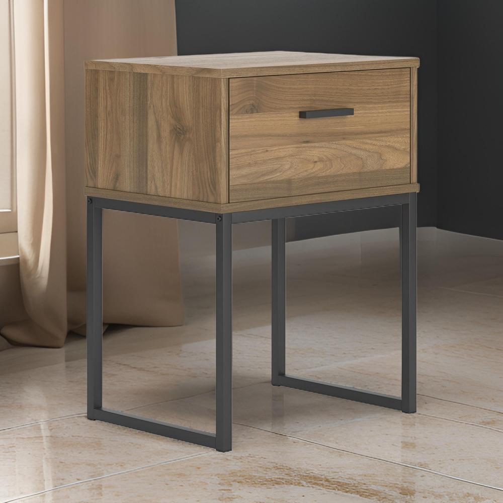 Deana Nightstand, 1 Drawer, Honey Brown Wood, Black Metal, 26 Inch
