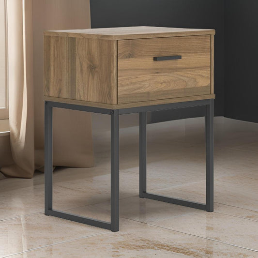 Deana Nightstand, 1 Drawer, Honey Brown Wood, Black Metal, 26 Inch