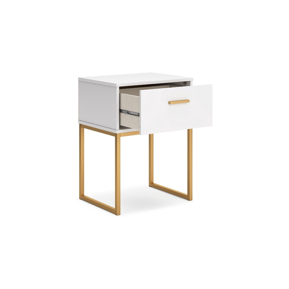 Alli Nightstand, 1 Drawer, Matte White Wood, Gold Metal Legs, 26 Inch
