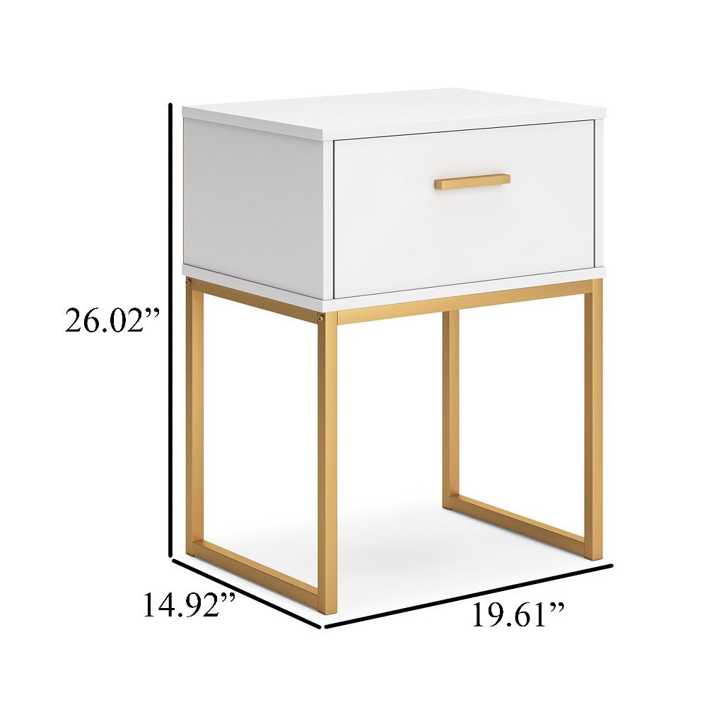 Alli Nightstand, 1 Drawer, Matte White Wood, Gold Metal Legs, 26 Inch