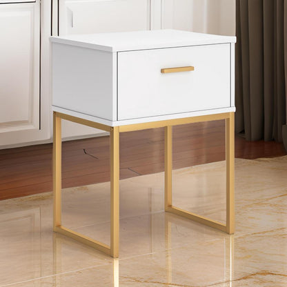 Alli Nightstand, 1 Drawer, Matte White Wood, Gold Metal Legs, 26 Inch