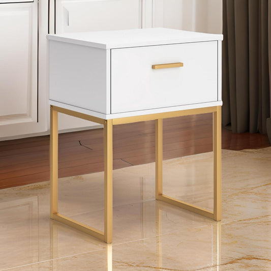Alli Nightstand, 1 Drawer, Matte White Wood, Gold Metal Legs, 26 Inch