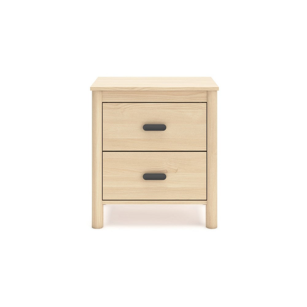 Abis Nightstand, 2 Drawers, Natural Brown Wood, Black Handles, 24 Inch