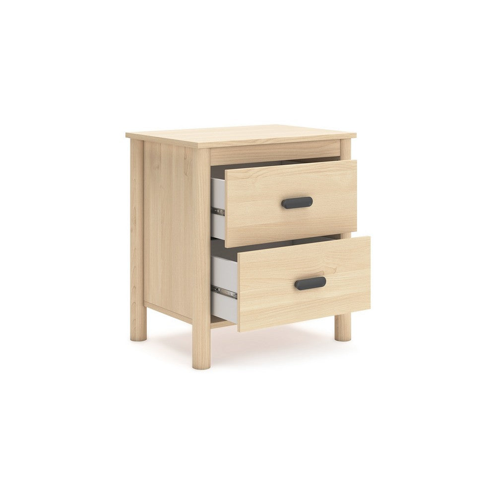 Abis Nightstand, 2 Drawers, Natural Brown Wood, Black Handles, 24 Inch